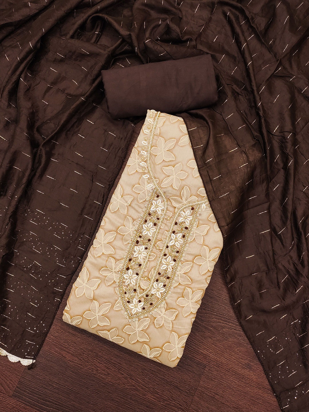 

KALINI Floral Printed Beads and Stones Pure Cotton Unstitched Dress Material, Beige