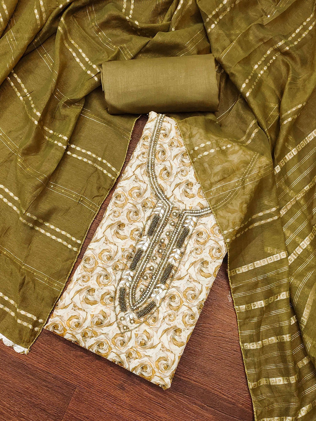 

KALINI Floral Printed Zari Pure Cotton Unstitched Dress Material, Brown