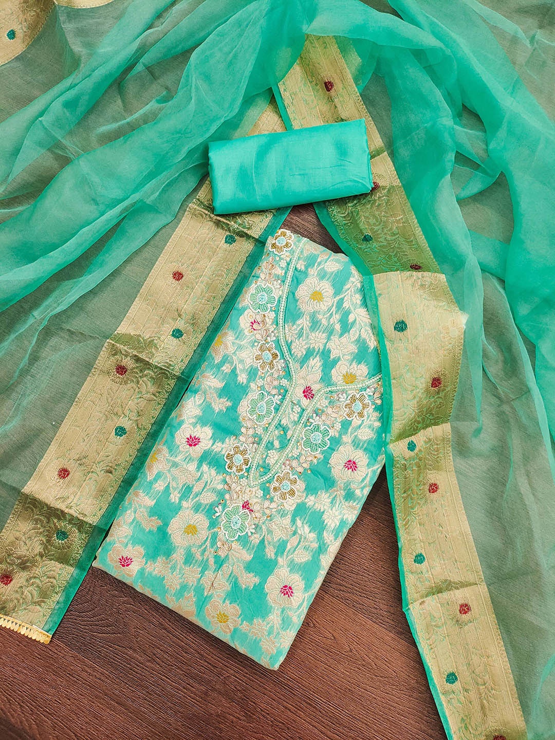 

KALINI Floral Woven Design Zari Unstitched Dress Material, Sea green
