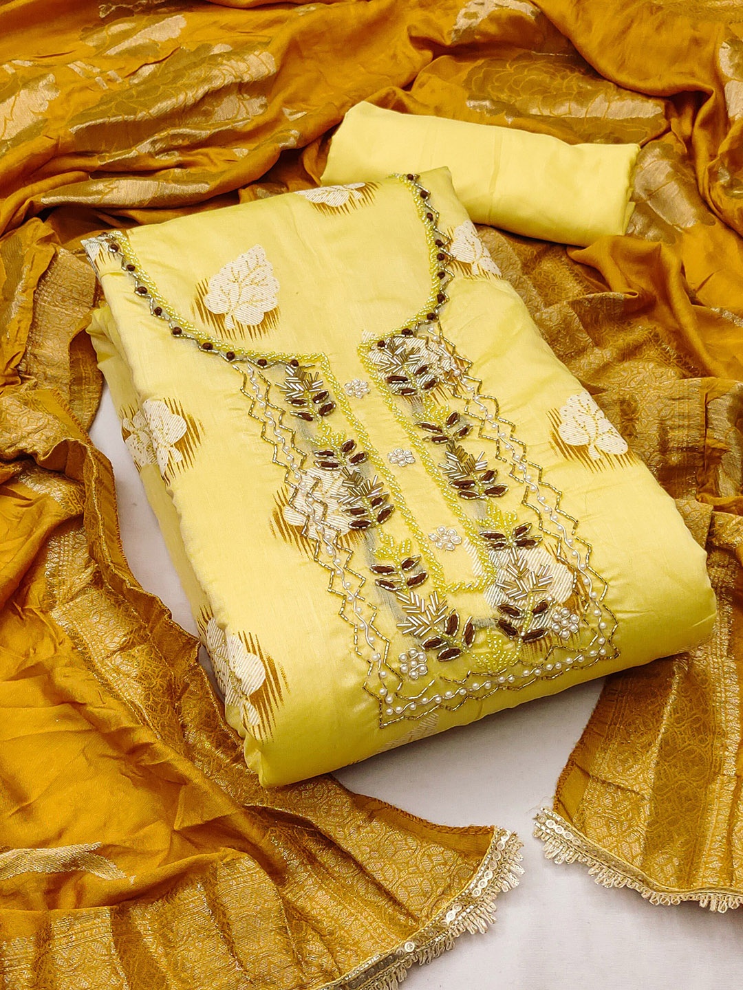 

KALINI Floral Printed Zari Pure Cotton Unstitched Dress Material, Yellow
