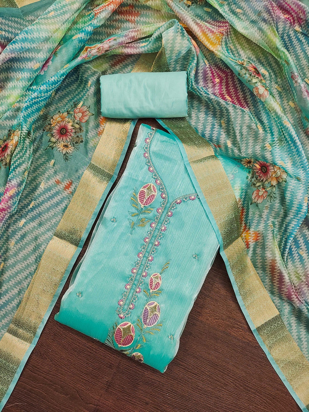 

KALINI Floral Embroidered Zari Silk Georgette Unstitched Dress Material, Blue