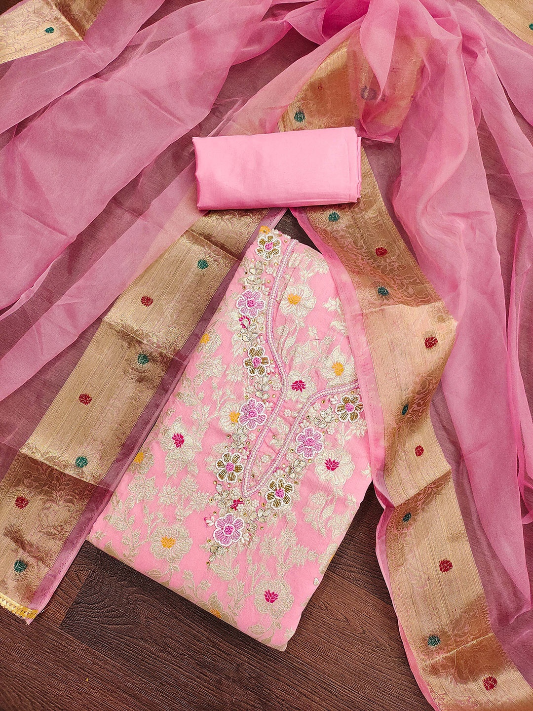 

KALINI Floral Woven Design Beads and Stones Unstitched Dress Material, Pink