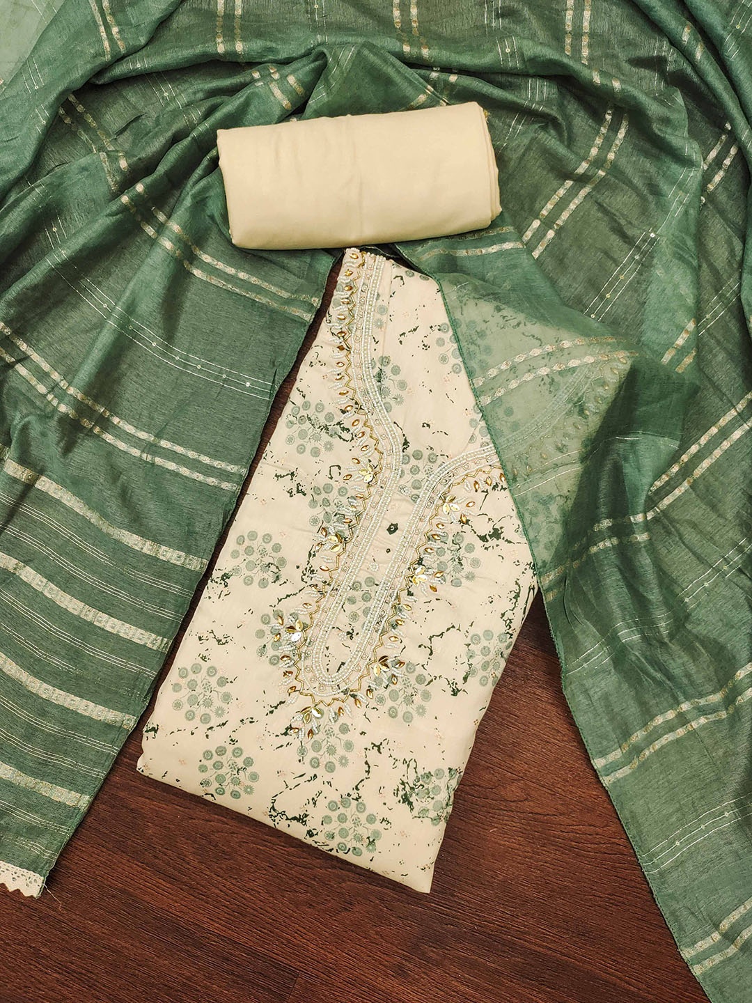 

KALINI Floral Printed Beads and Stones Pure Cotton Unstitched Dress Material, Green