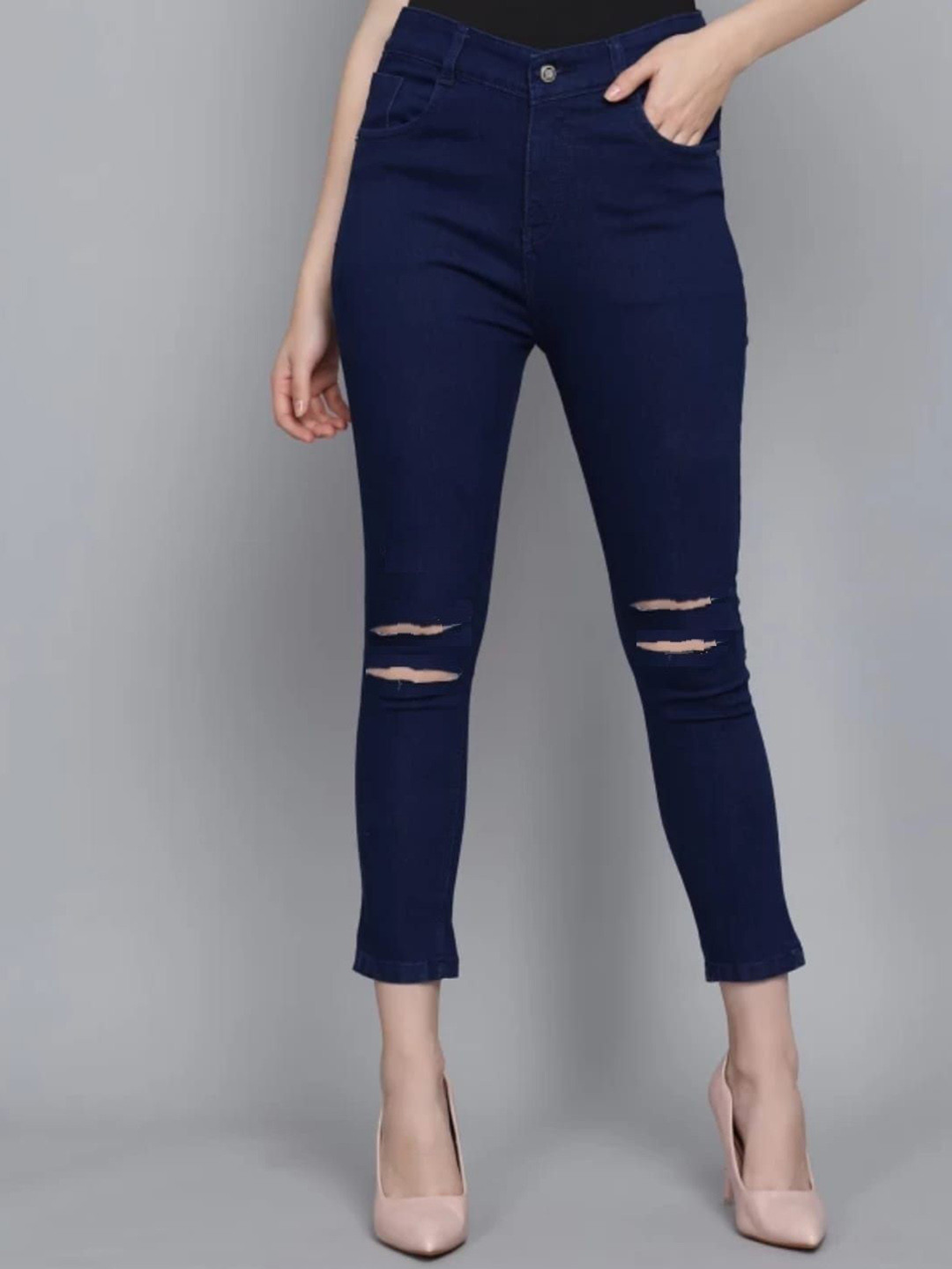 

Perfect Outlet Women High-Rise Slash Knee Stretchable Jeans, Navy blue