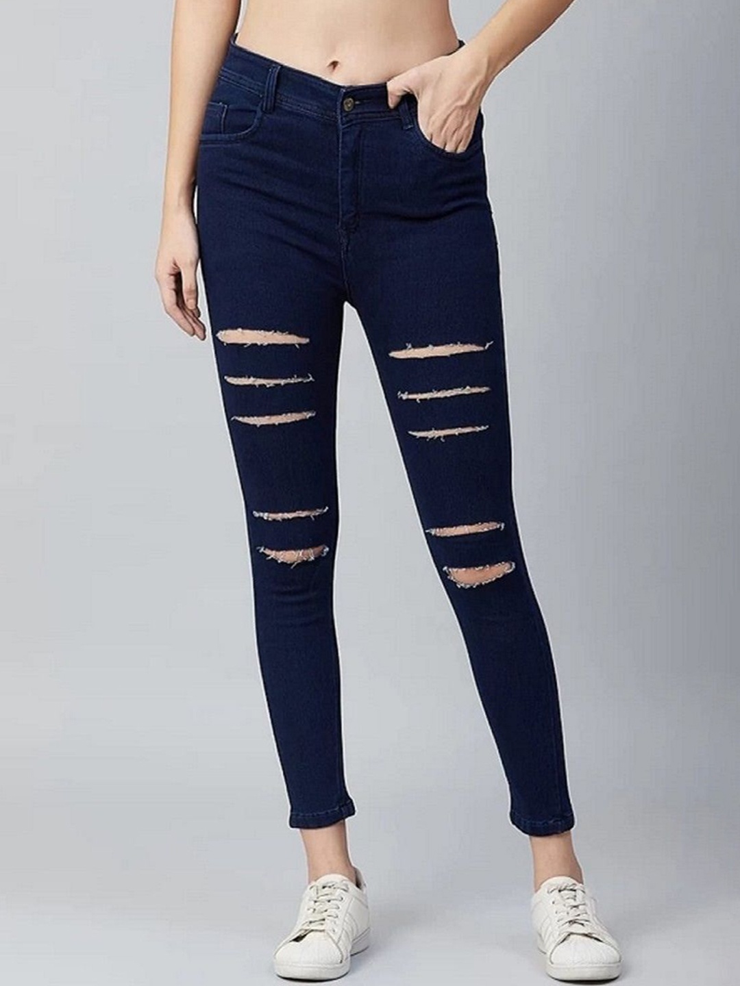 

Perfect Outlet Women High-Rise Highly Distressed Stretchable Jeans, Navy blue