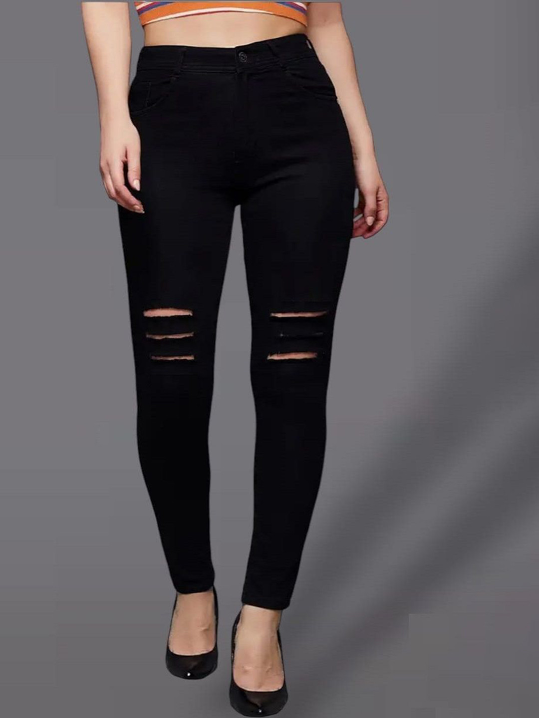 

Perfect Outlet Women High-Rise Slash Knee Stretchable Denim Jeans, Black