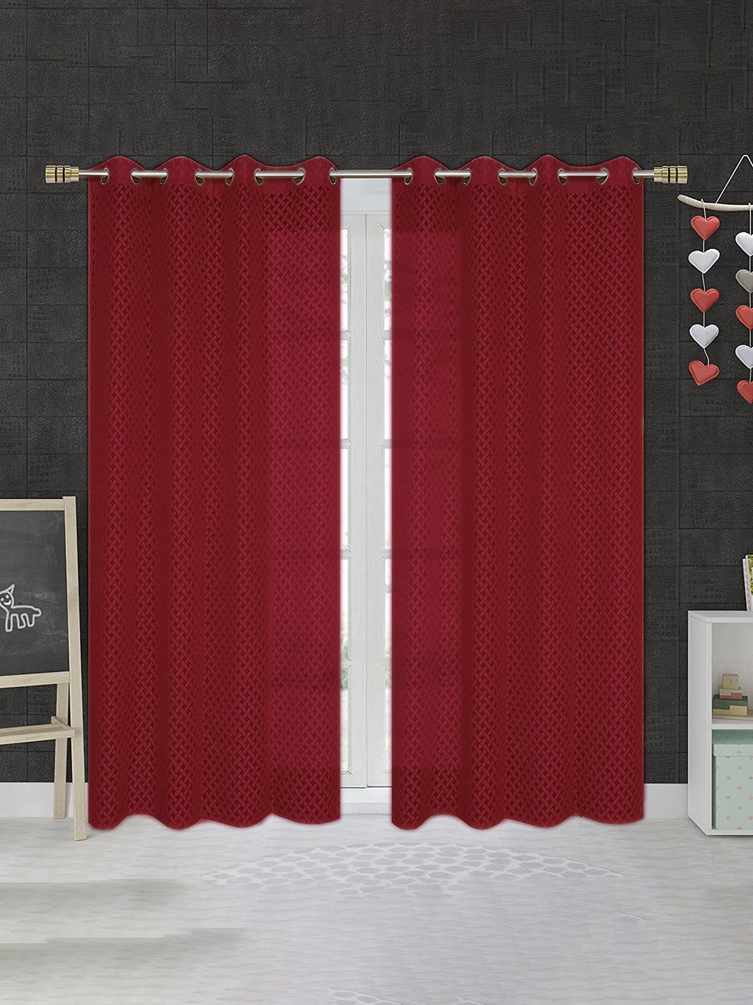 

JARS Collections Maroon 2 Pieces Geometric Net Semi Sheer Door Curtains