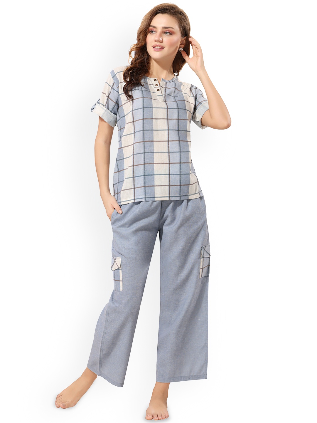 

NIGHT FLOSS Checked Round Neck Night Suit, Blue