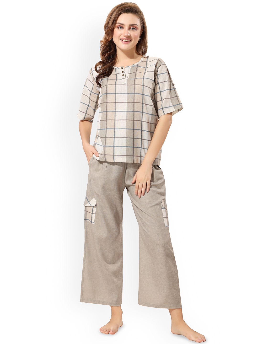 

NIGHT FLOSS Checked Round Neck Night Suit, Brown