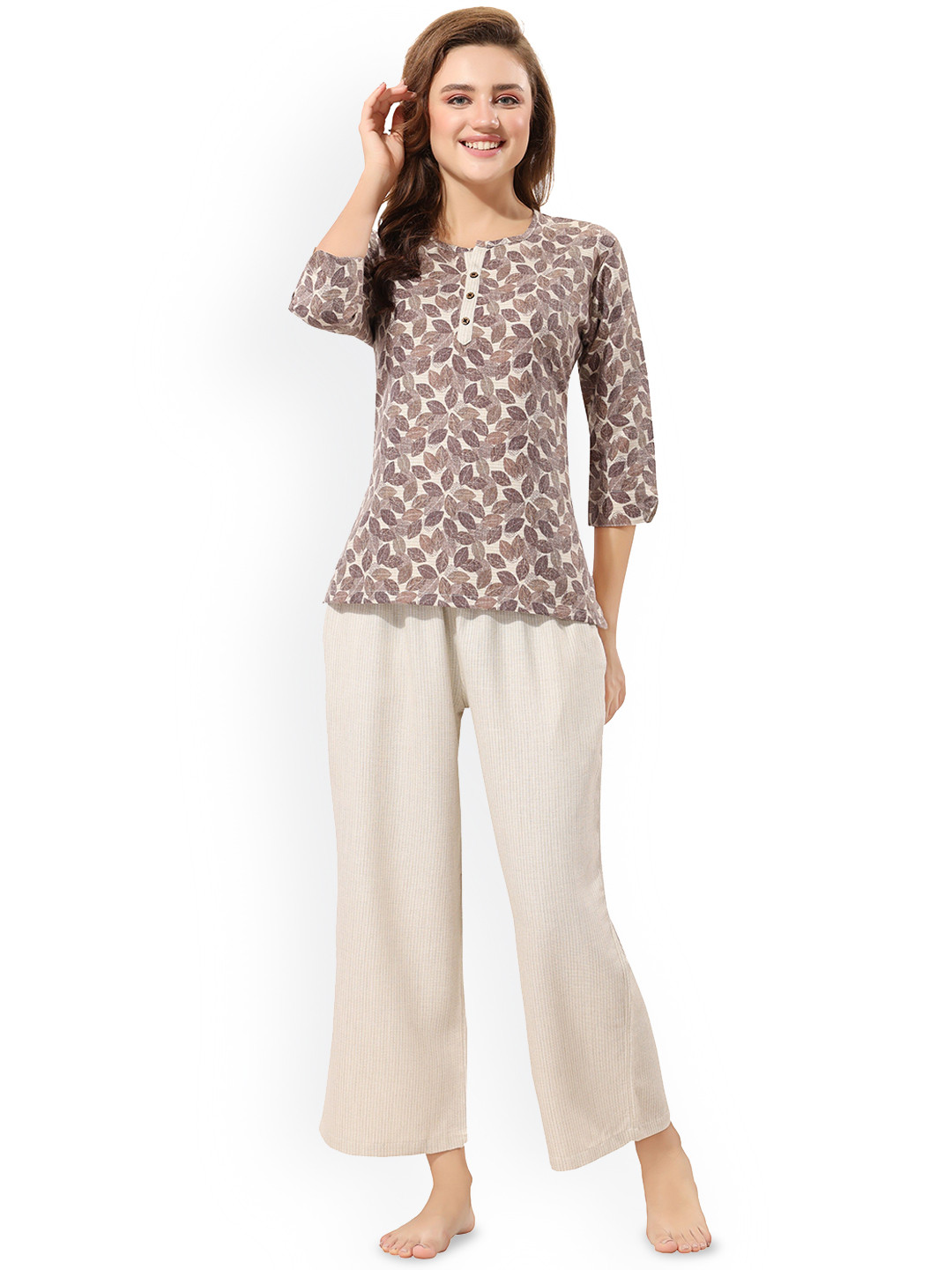 

NIGHT FLOSS Floral Printed Linen Night Suit, Brown