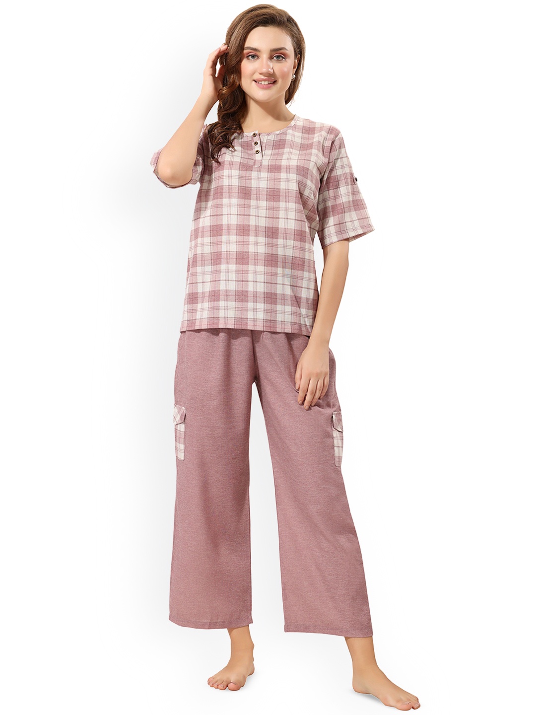 

NIGHT FLOSS Checked Round Neck Night Suit, Pink