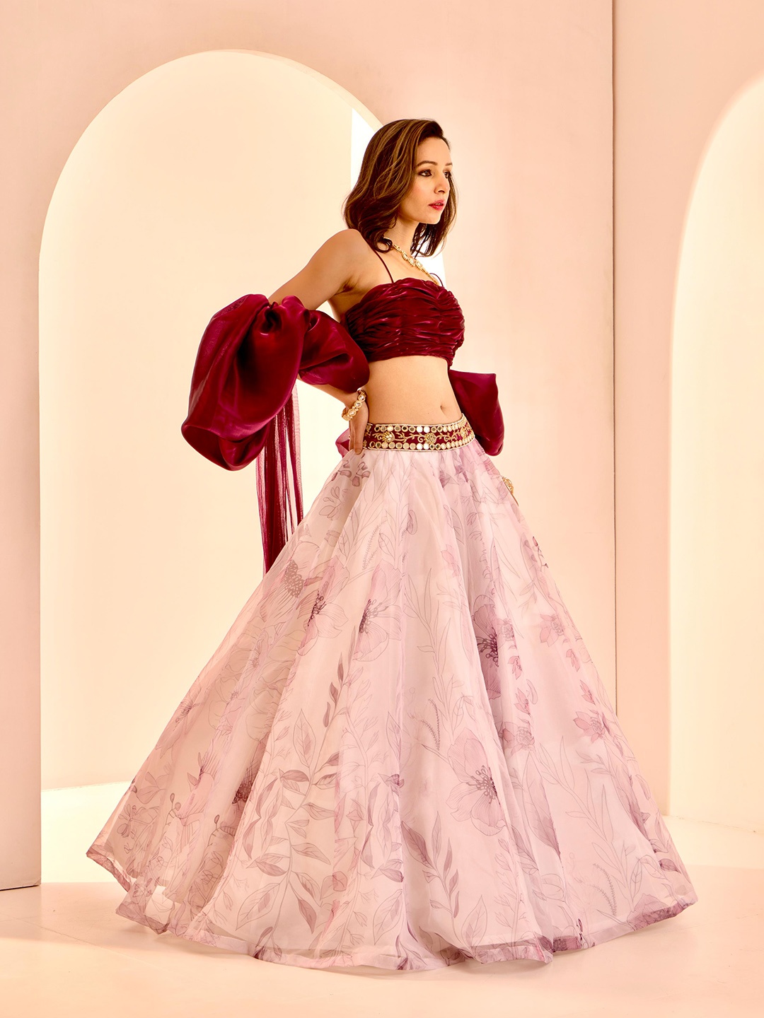 

Rashika Sharma Printed Sleeveless Organza Lehenga & Blouse With Dupatta, Maroon