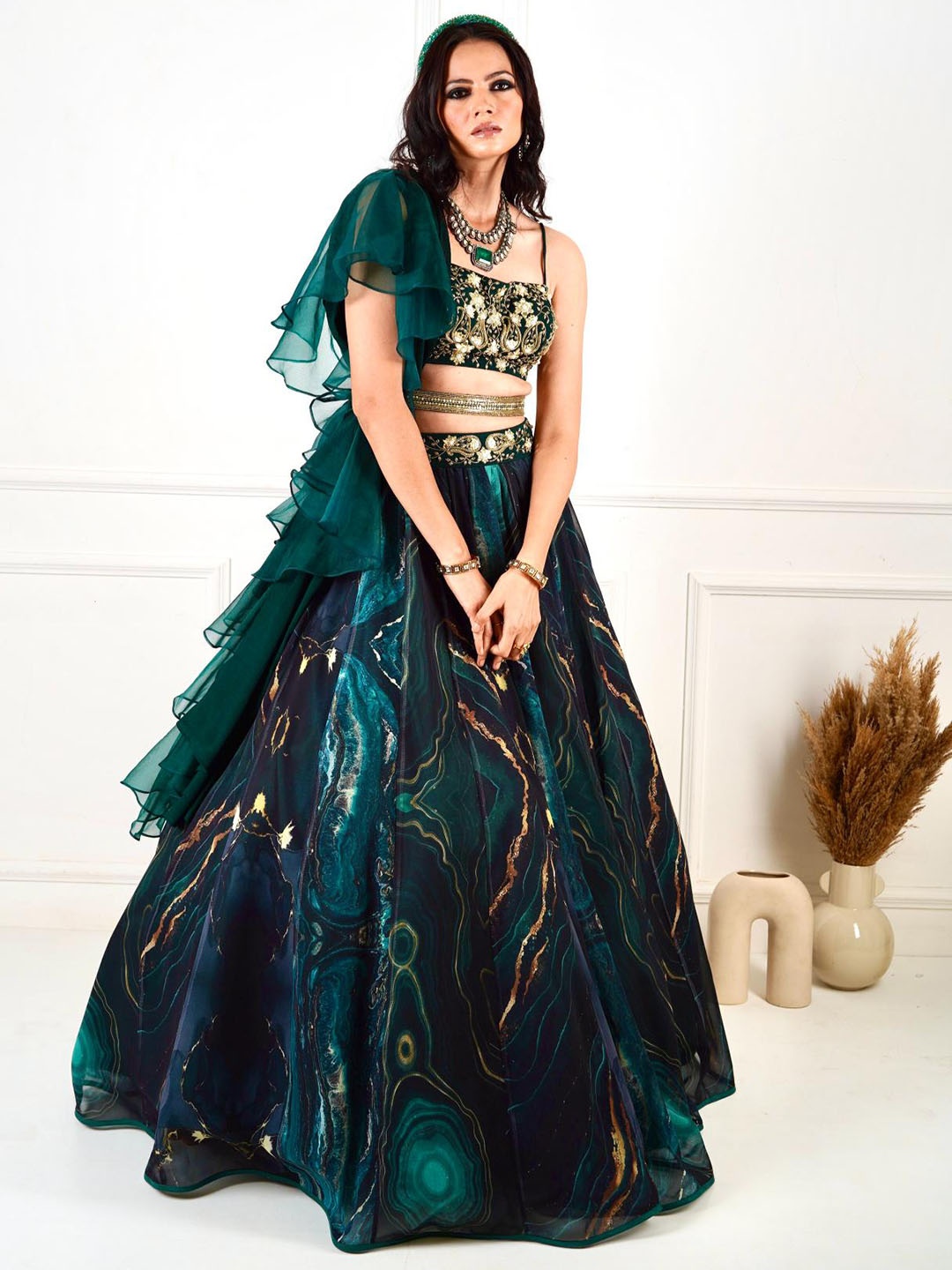 

Rashika Sharma Printed Ready to Wear Lehenga Choli & Ruffled Dupatta With waist belt, Sea green