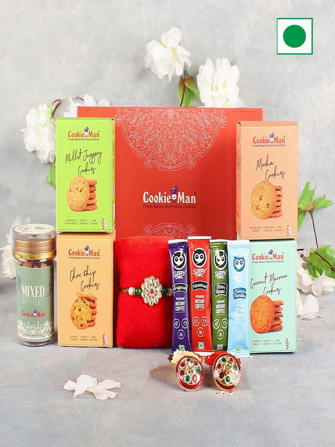 

Cookieman Set Of 1 Stones & Beaded Rakhis With Roli Chawal Assorted Gifts, Blue