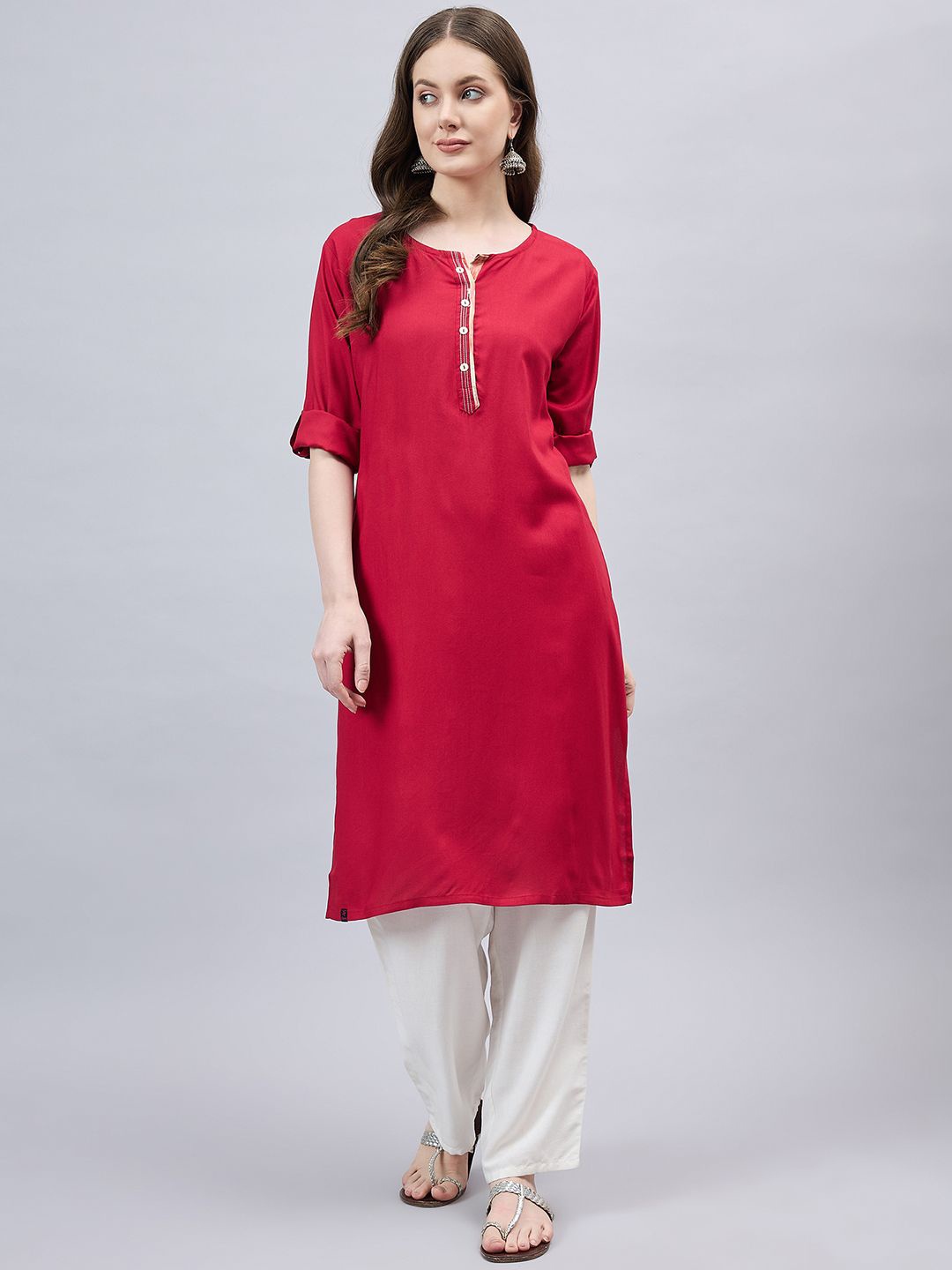 

THE PAJAMA FACTORY Roll-Up Sleeves Thread Work Straight Kurta, Red