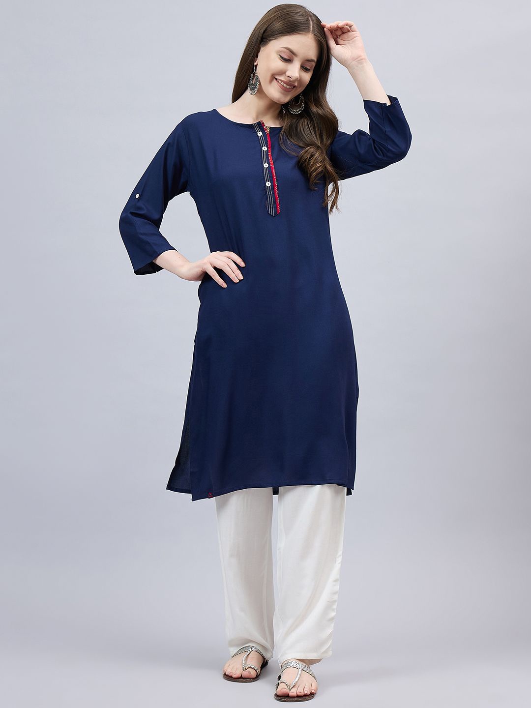 

THE PAJAMA FACTORY Roll-Up Sleeves Thread Work Straight Kurta, Navy blue