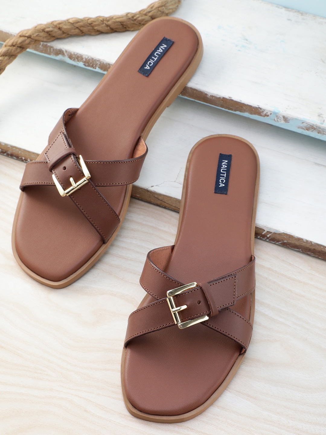 

Nautica Women Buckle Detail Open Toe Flats, Brown