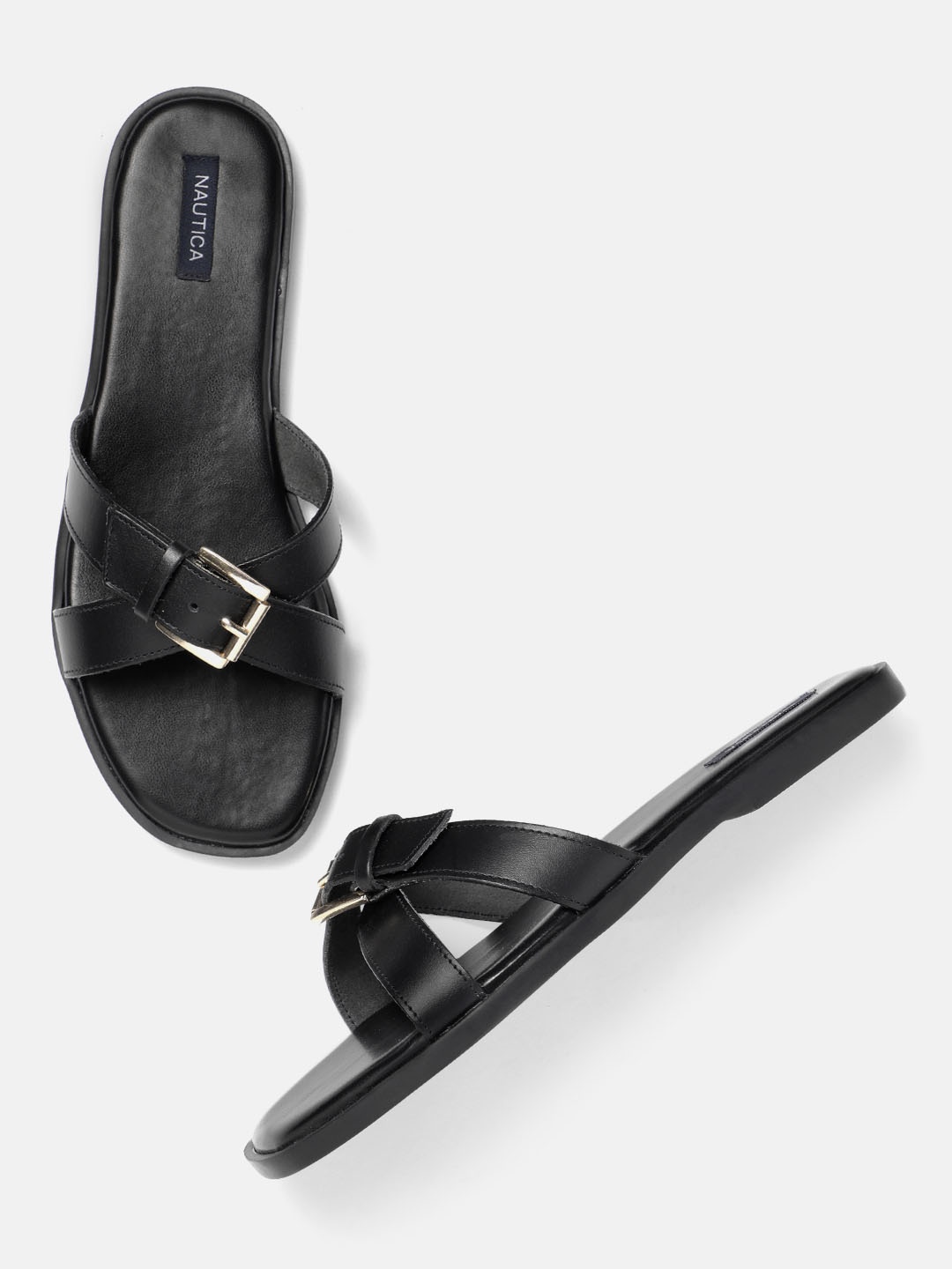 

Nautica Women Buckle Detail Open Toe Flats, Black