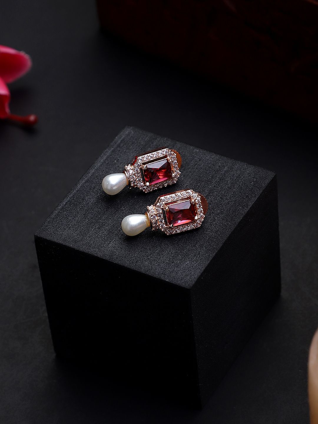

CARDINAL Rose Gold Plated American Diamond Studded & Beaded Drop Earrings
