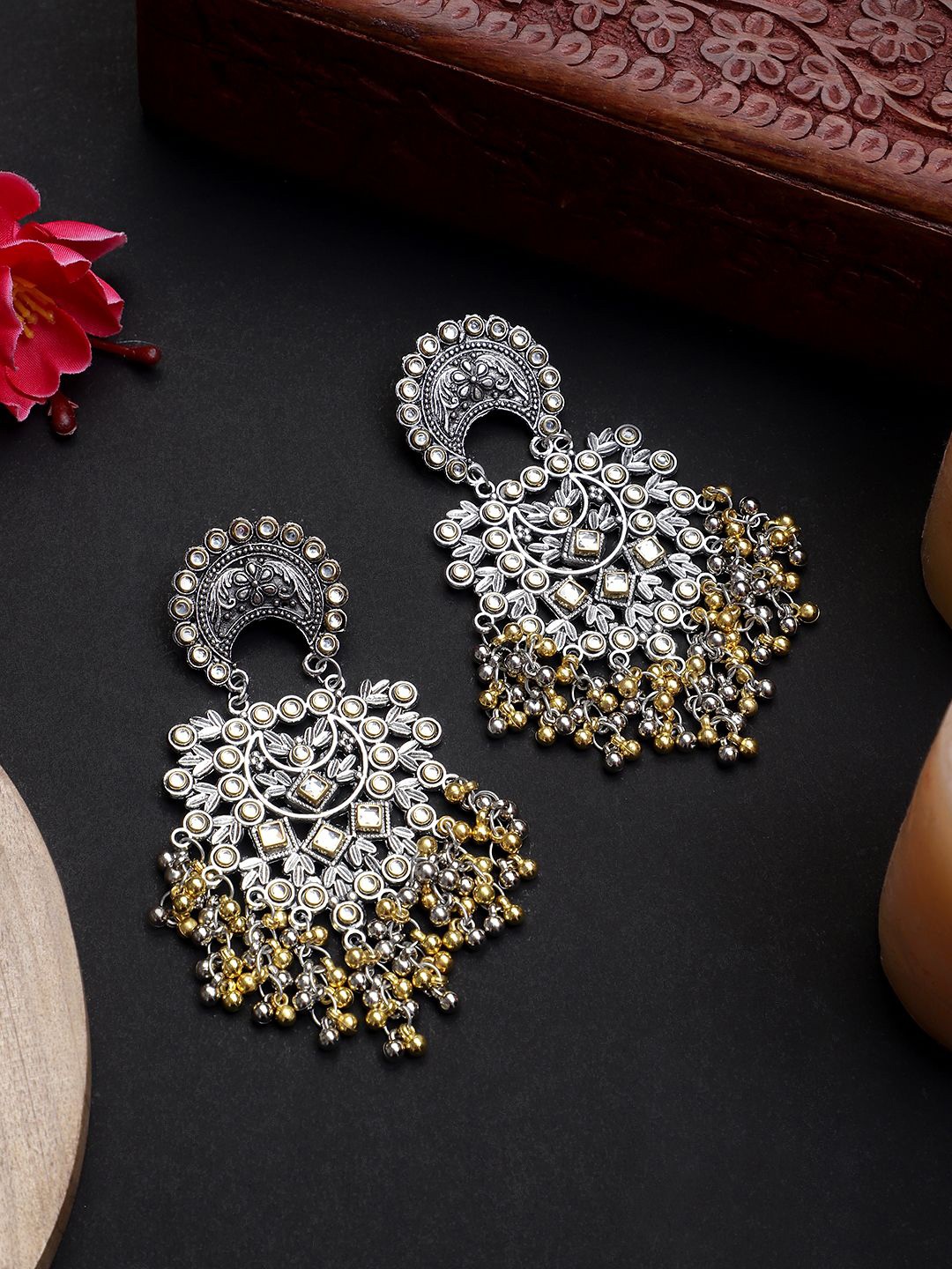 

CARDINAL Kundan Studded & Gungroo Beaded Light Weight Drop Earrings, Silver