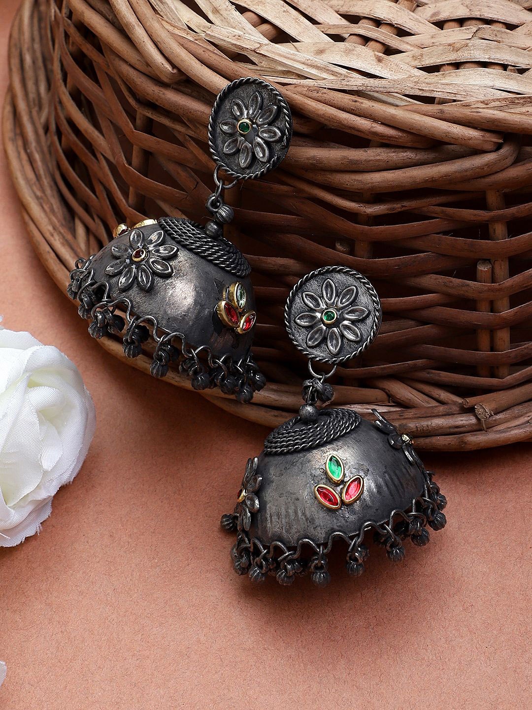 

CARDINAL Stone Studded & Beaded Minakari Floral Jhumkas, Silver