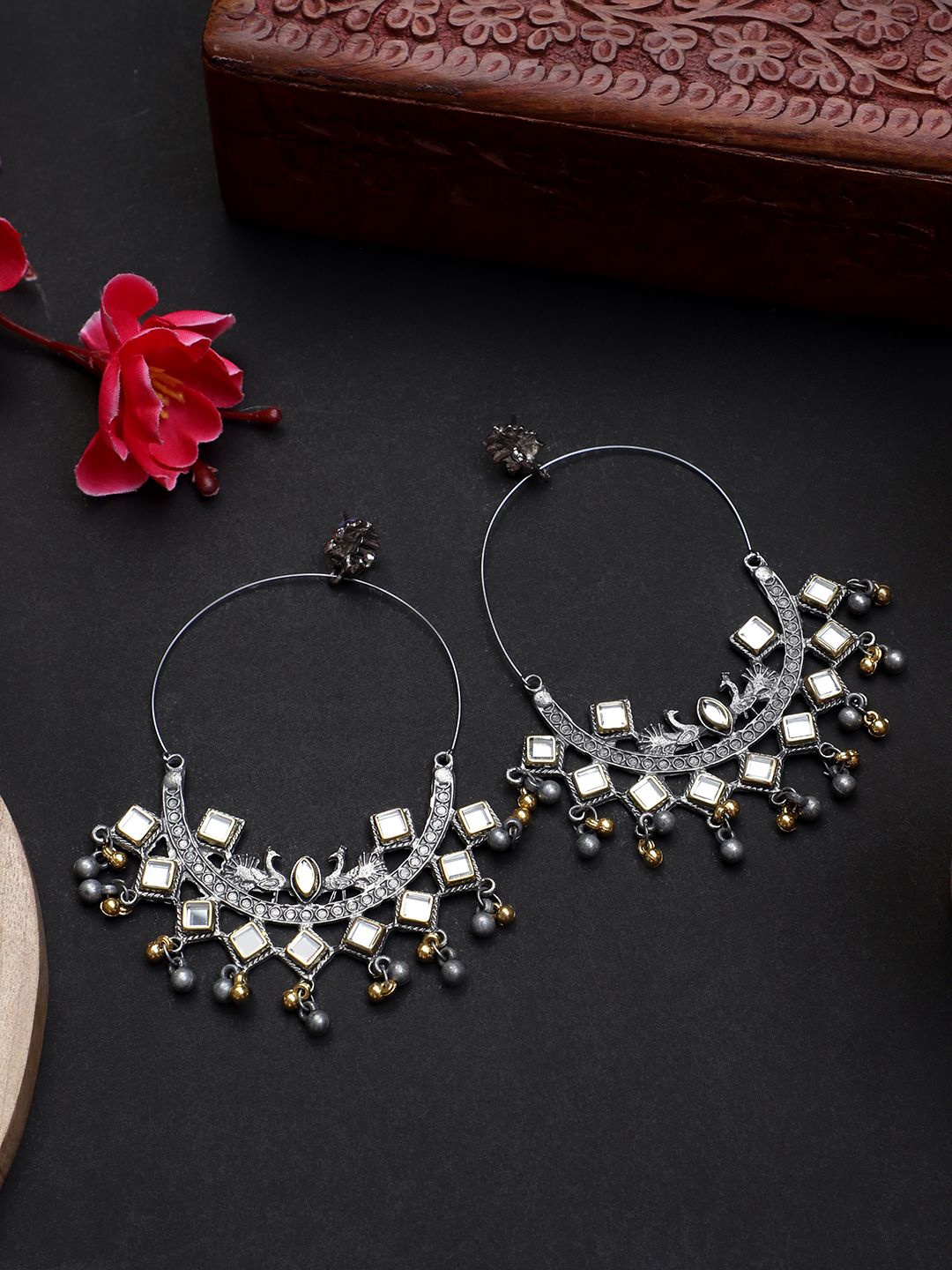 

CARDINAL Kundan Studded Gungroo Light Weight Bali Drop Earrings, Silver