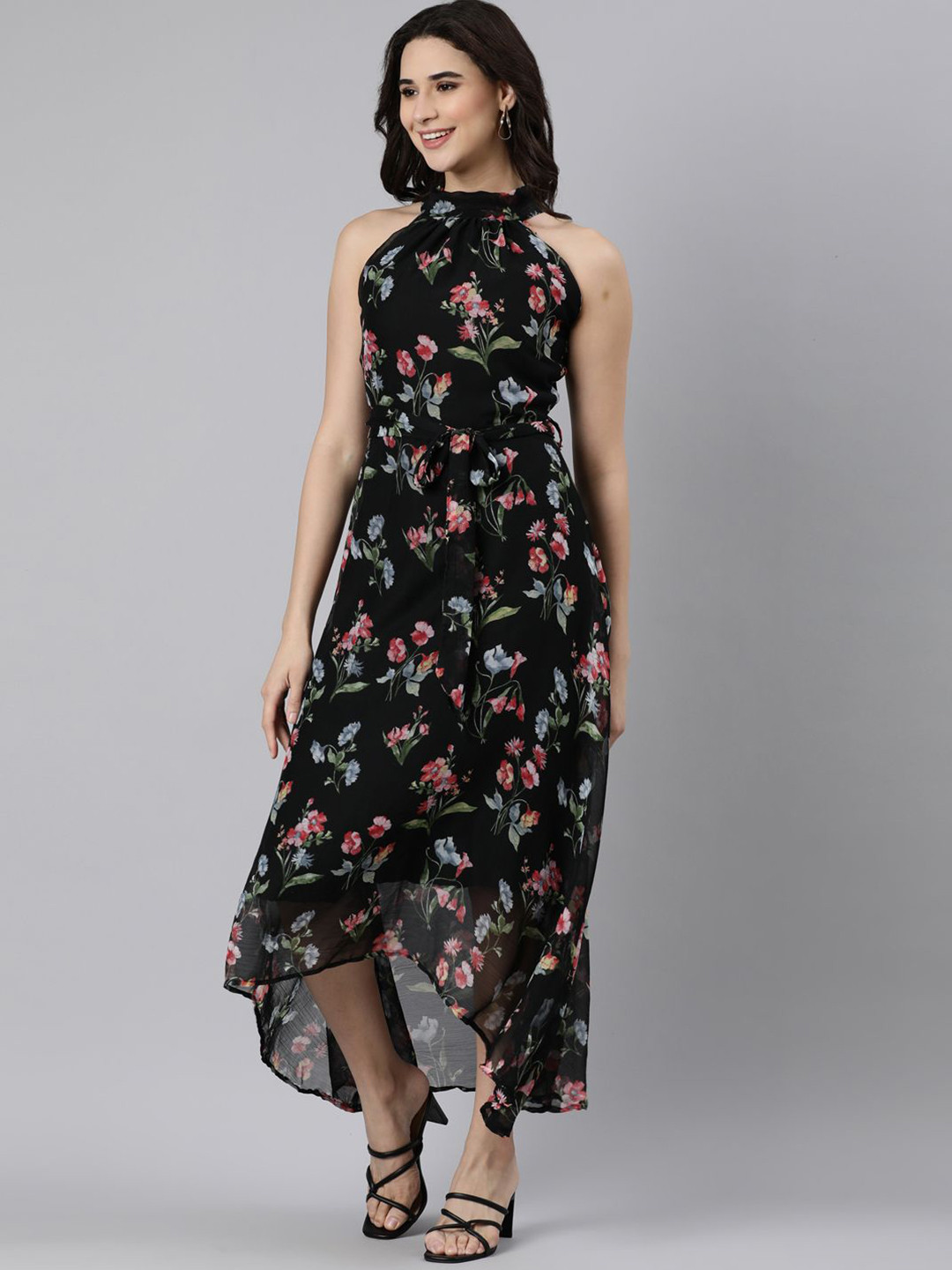 

Souchii Printed Halter Neck Flared Dresses, Black
