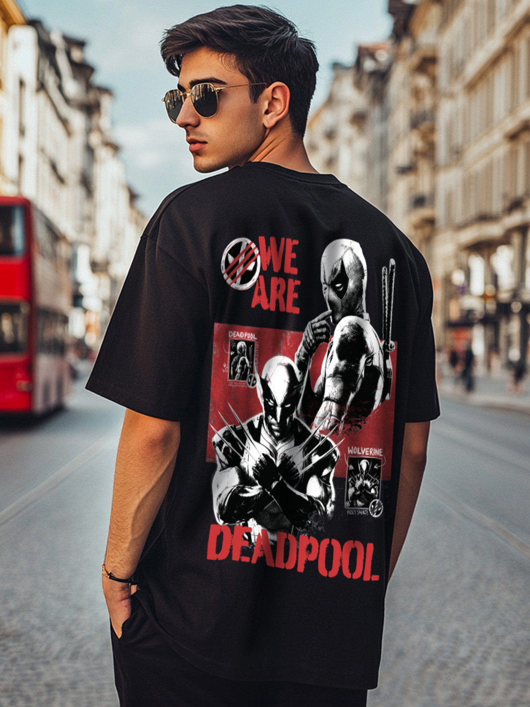 

VEIRDO Marvel Men Deadpool Graphic Printed Pure Cotton Oversized T-shirt, Black