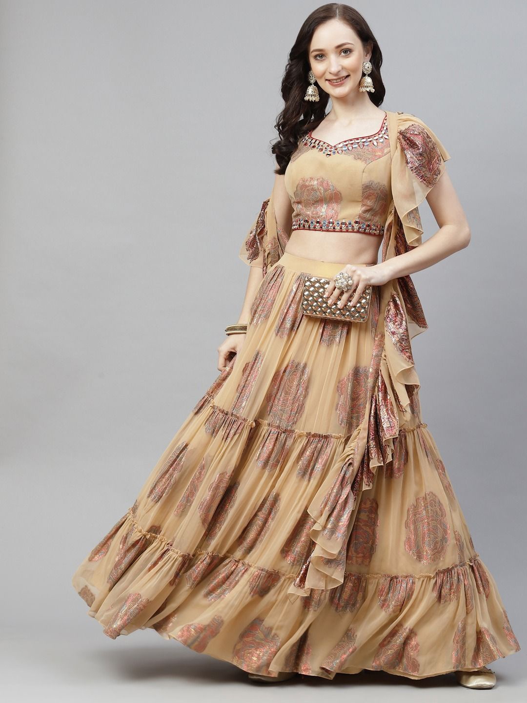 

Fusionic Embellished Gotta Patti Semi-Stitched Lehenga & Unstitched Blouse With Dupatta, Beige