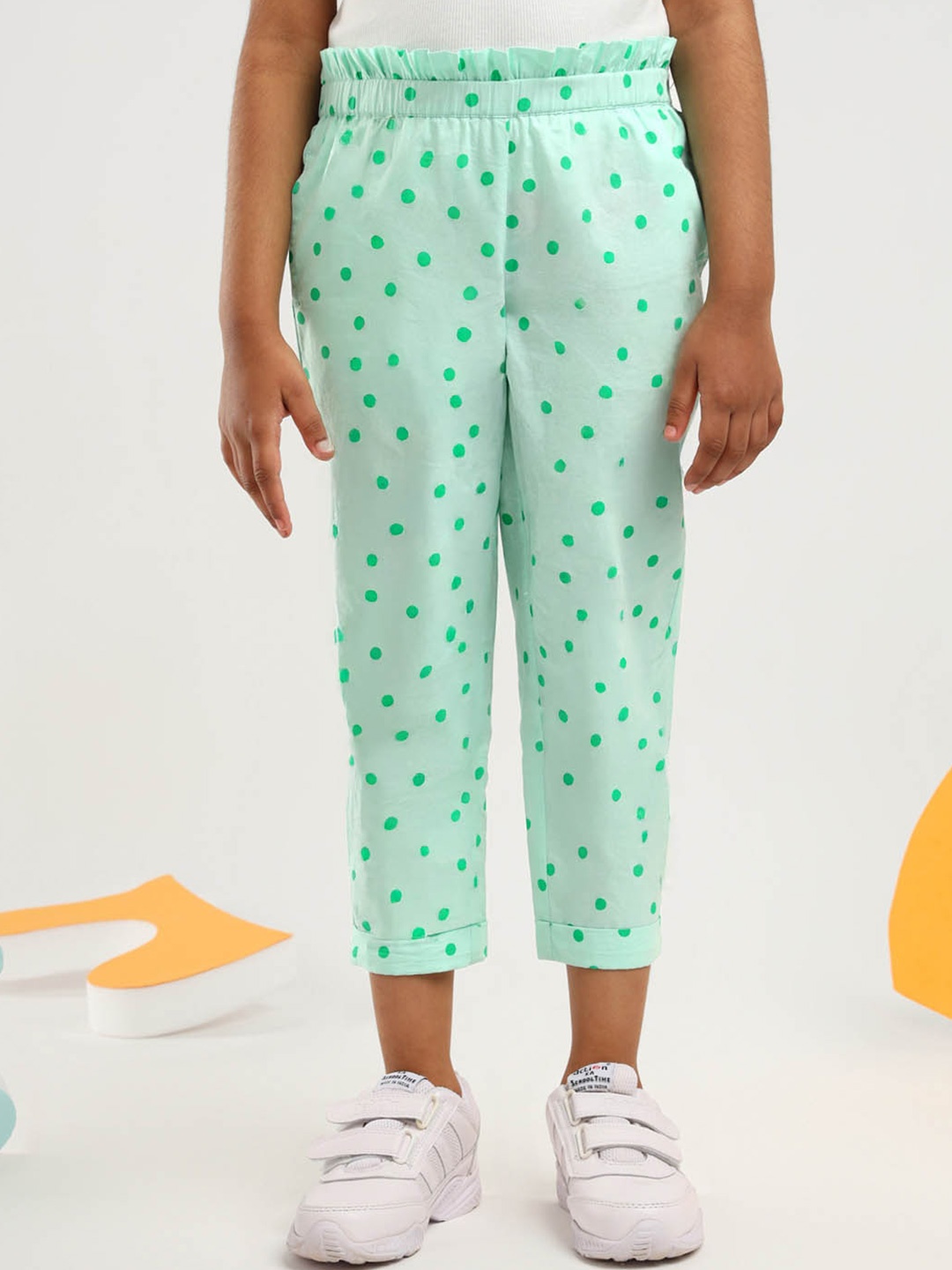 

Somersault Girls Cotton Polka Dot Printed Relaxed High-Rise Trousers, Green