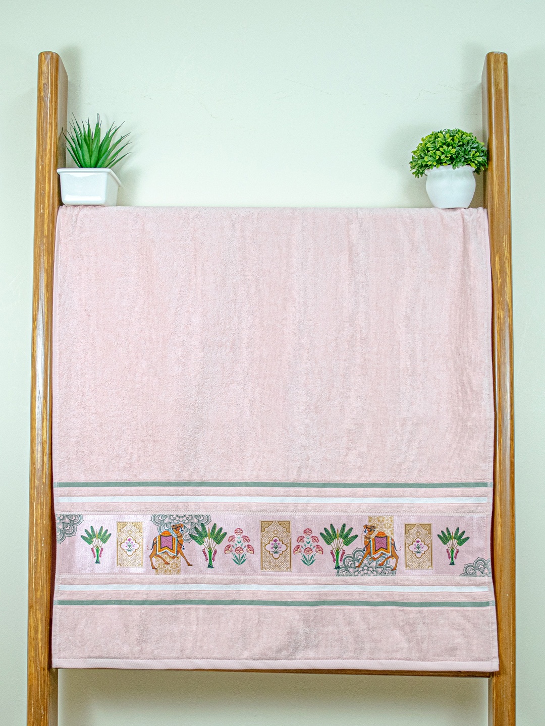 

RANGOLI Peach-Coloured & Green Printed Cotton 460 GSM Bath Towel