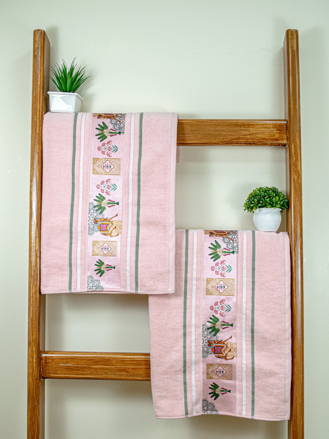 

RANGOLI Peach-Coloured & Beige 2 Pieces Printed Cotton 460 GSM Bath Towel