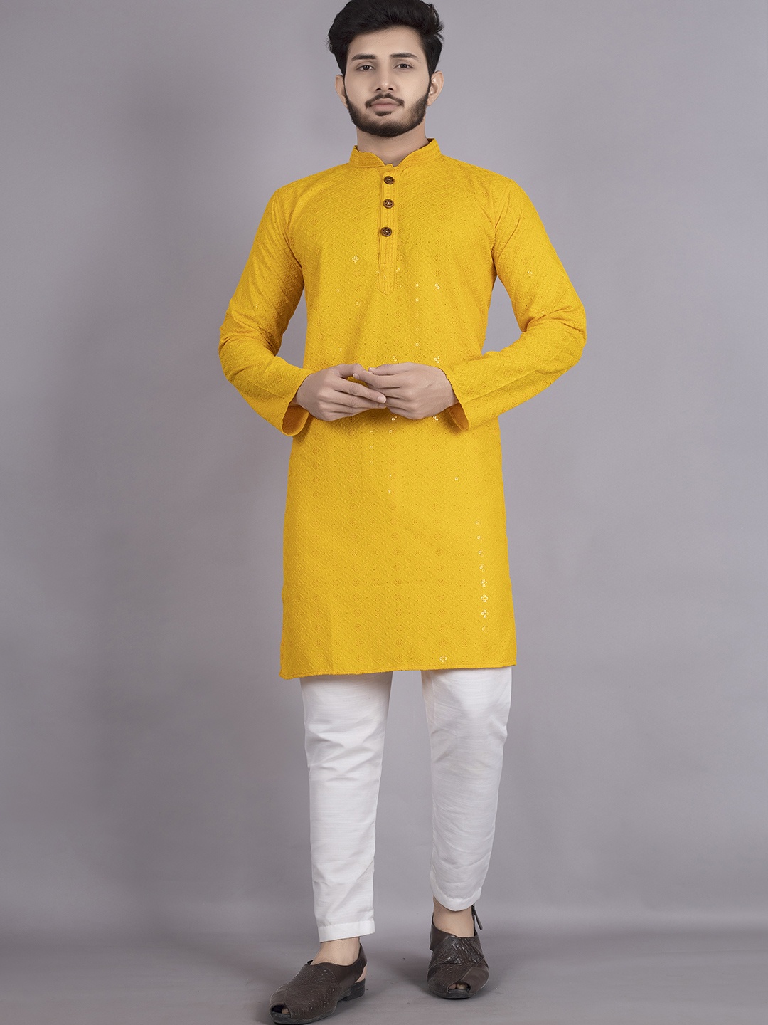 

BAESD Geometric Embroidered Sequinned Mandarin Collar Straight Kurta, Mustard