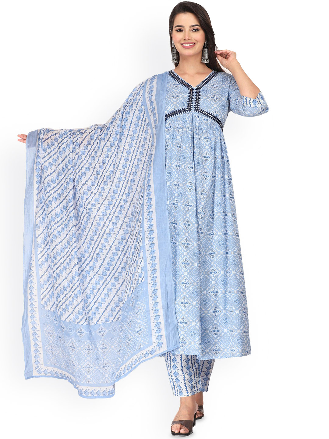 

MILAAV Ethnic Motifs Printed V-Neck Empire A-Line Kurta with Trousers & Dupatta, Blue