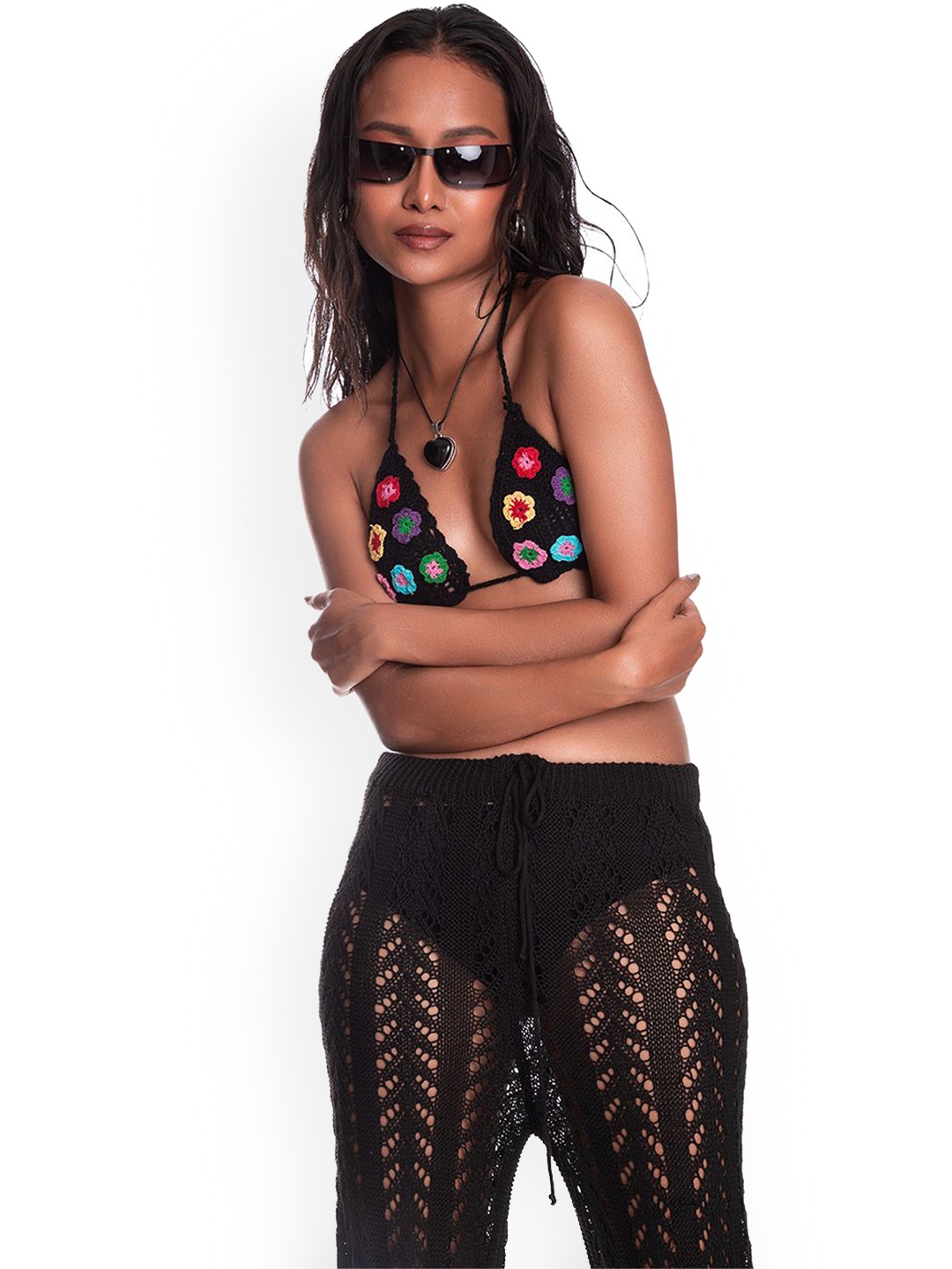 

Lemonlords Floral Embroidered Crochet Swim Bra, Black