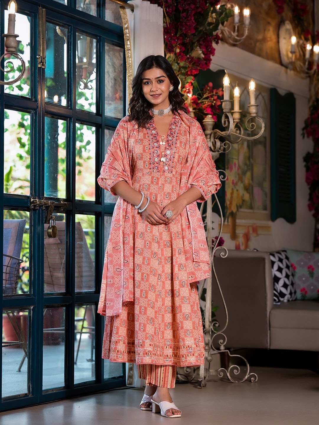 

KALINI Ethnic Motifs Embroidered Sequinned Pure Cotton Anarkali Kurta & Trouser & Dupatta, Orange