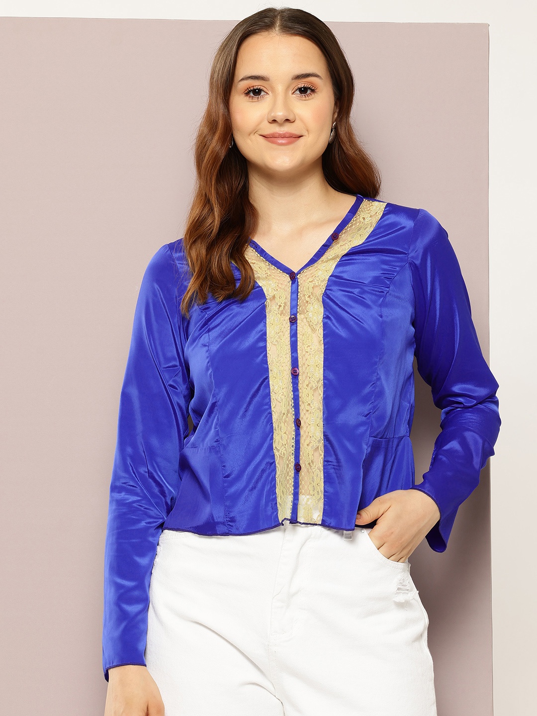 

aaliya Floral Laced Inserts Satin Top, Blue