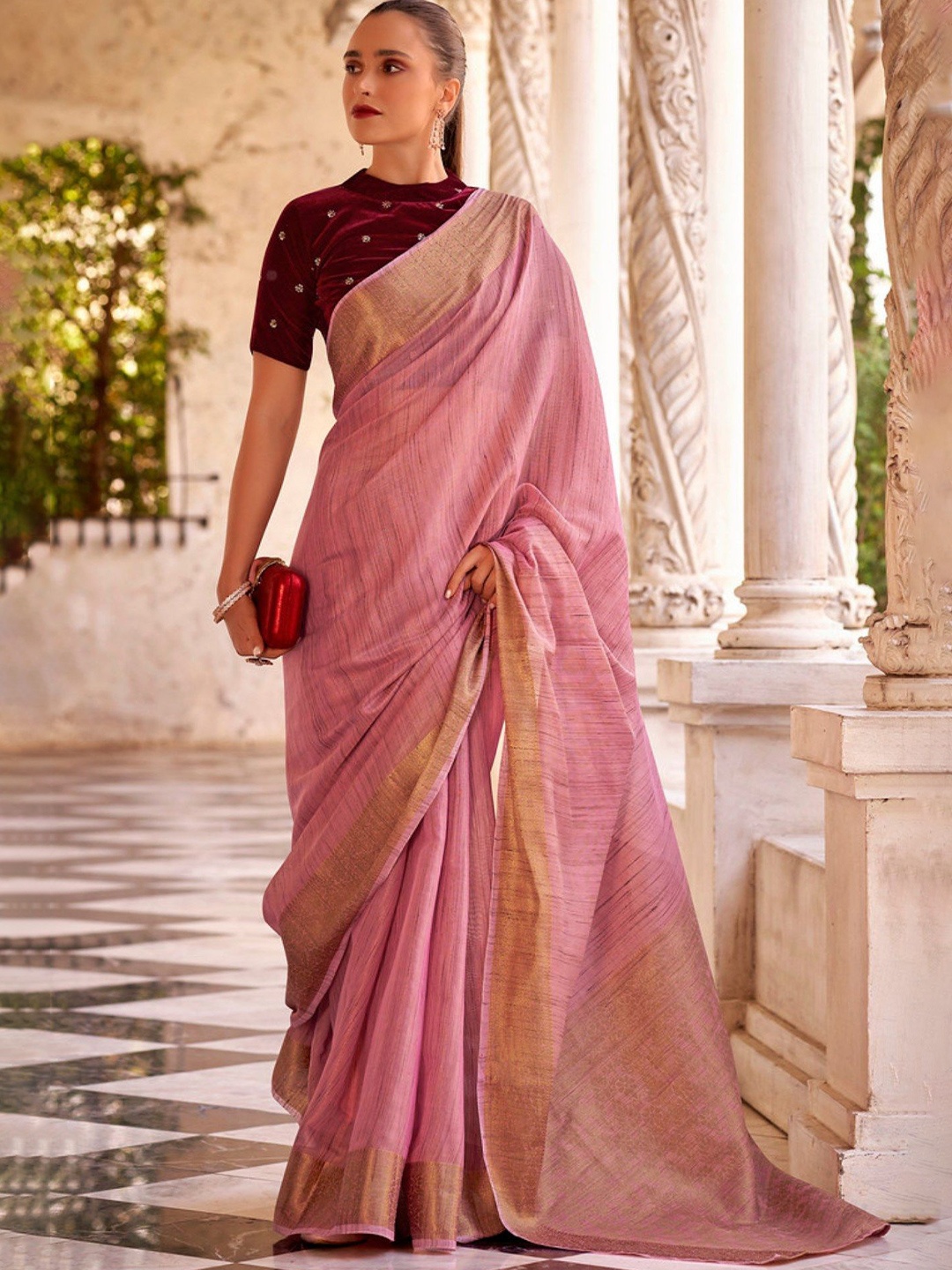 

MySilkLove Linen Blend Zari Woven Design Saree, Pink