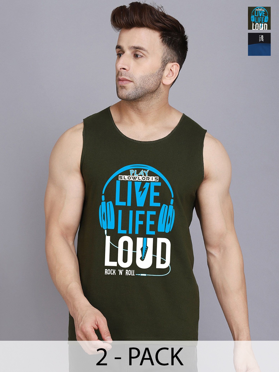 

SLOWLORIS Men Pack Of 2 Printed Cotton Gym Innerwear Vests, Olive