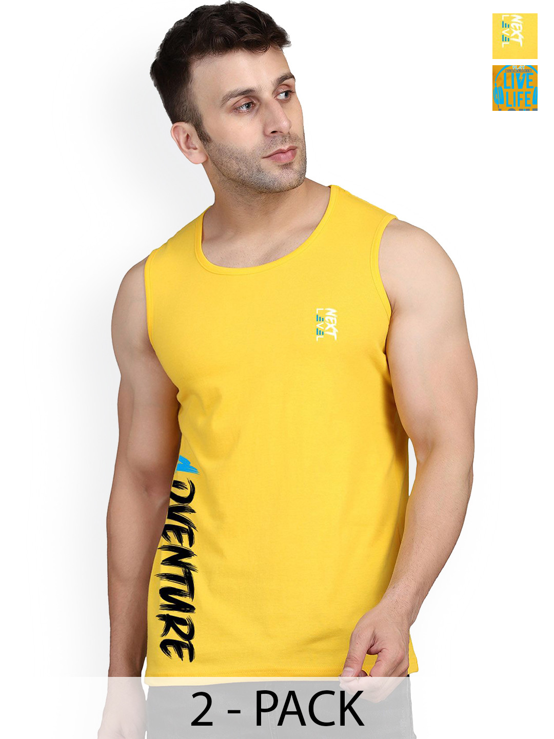 

SLOWLORIS Pack Of 2 Men Printed Round Neck Sleeveless Gym Vests, Mustard