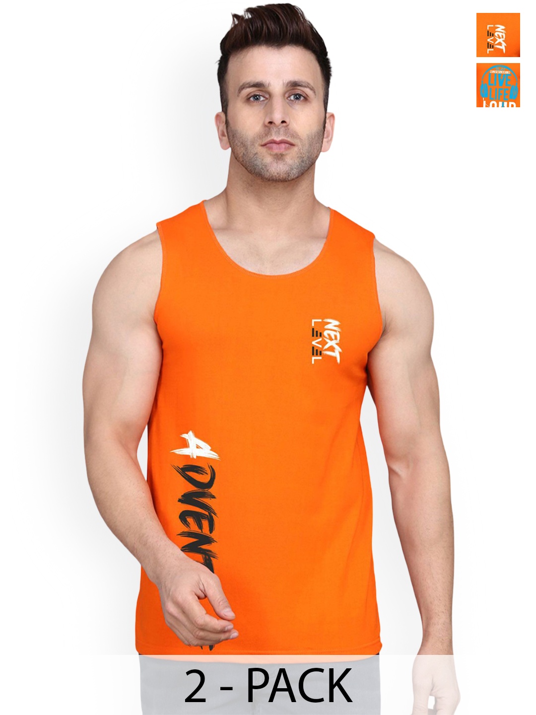 

SLOWLORIS Men Pack Of 2 Printed Gym Vests, Orange