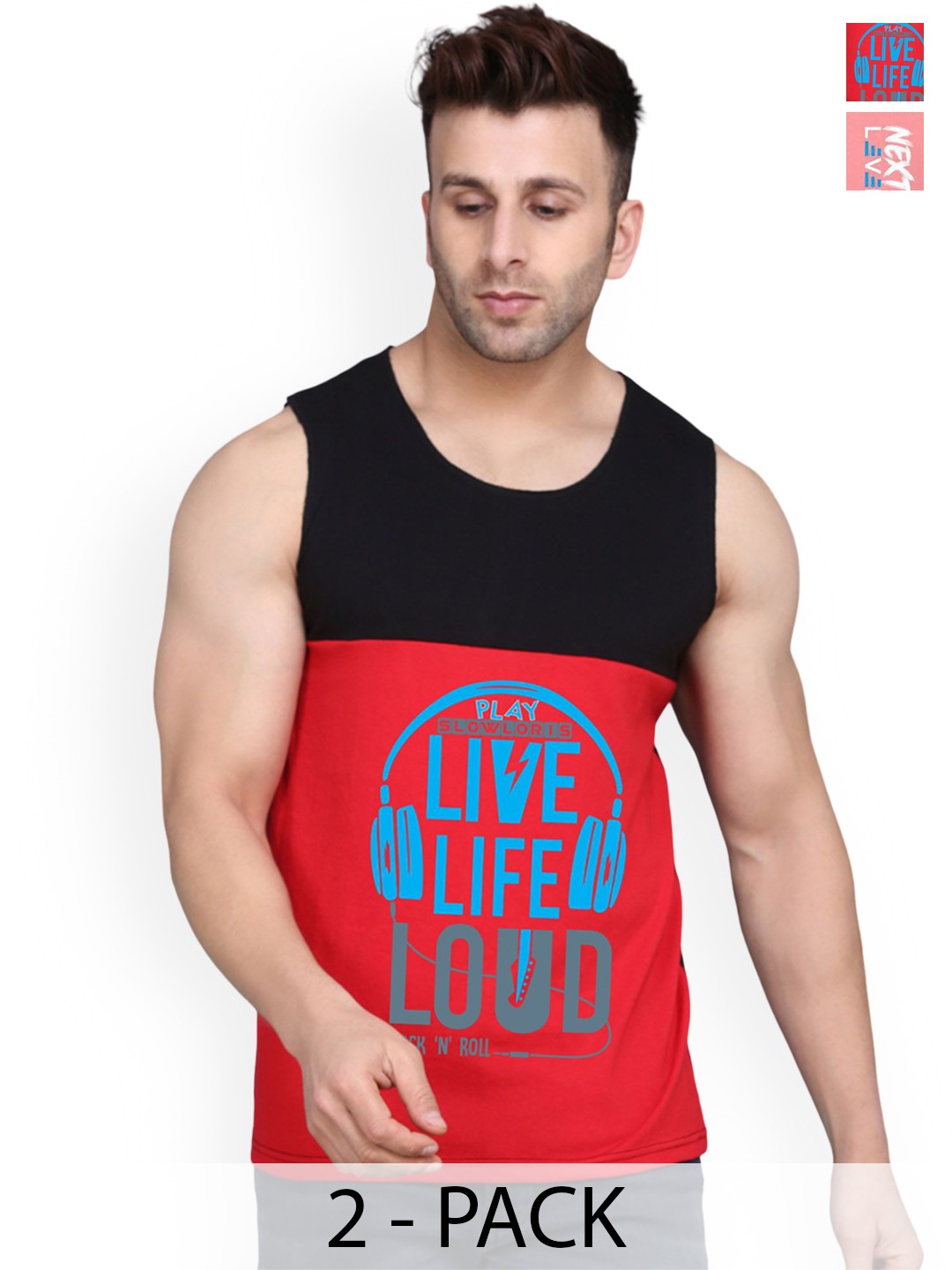 

SLOWLORIS Pack of 2 Men Printed Innerwear Vests SL26 COMBO (LOUD BLKRED) (ADV PEACH), Black