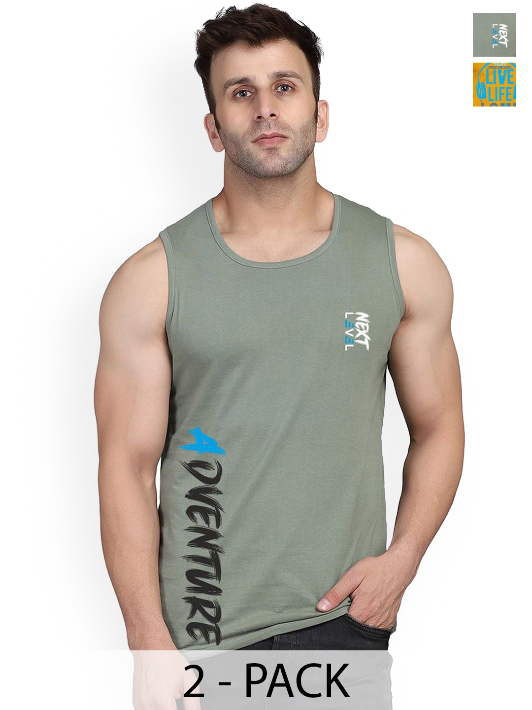 

SLOWLORIS Men Pack Of 2 Printed Sleeveless Gym Vests, Mustard