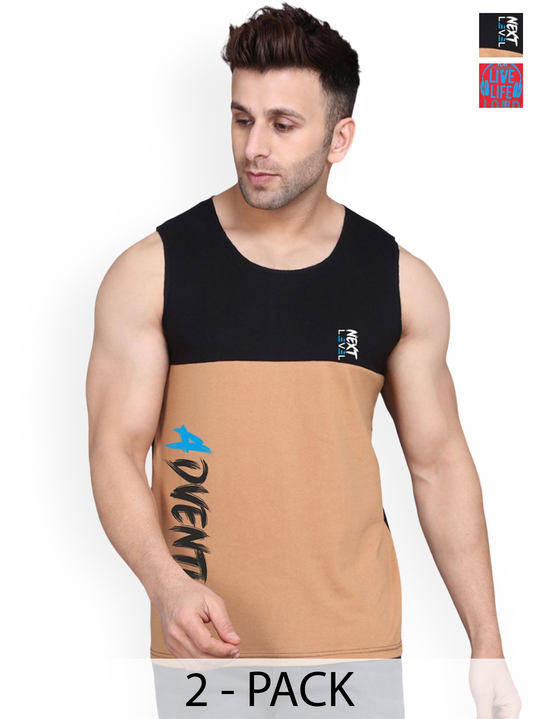 

SLOWLORIS Pack Of 2 Men Printed Round Neck Sleeveless Gym Vests, Black