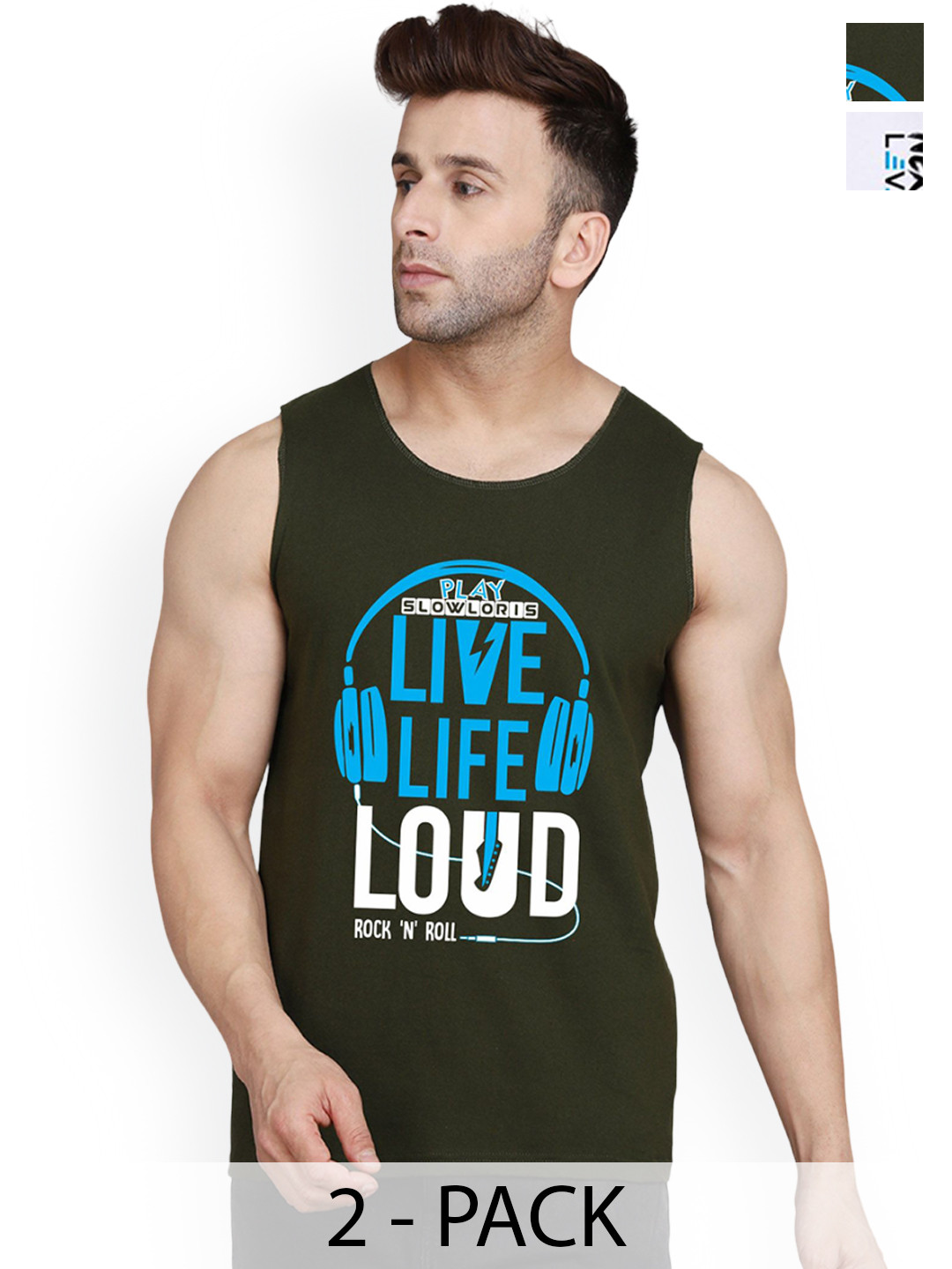 

SLOWLORIS Men Pack Of 2 Printed Cotton Gym Innerwear Vests, Olive