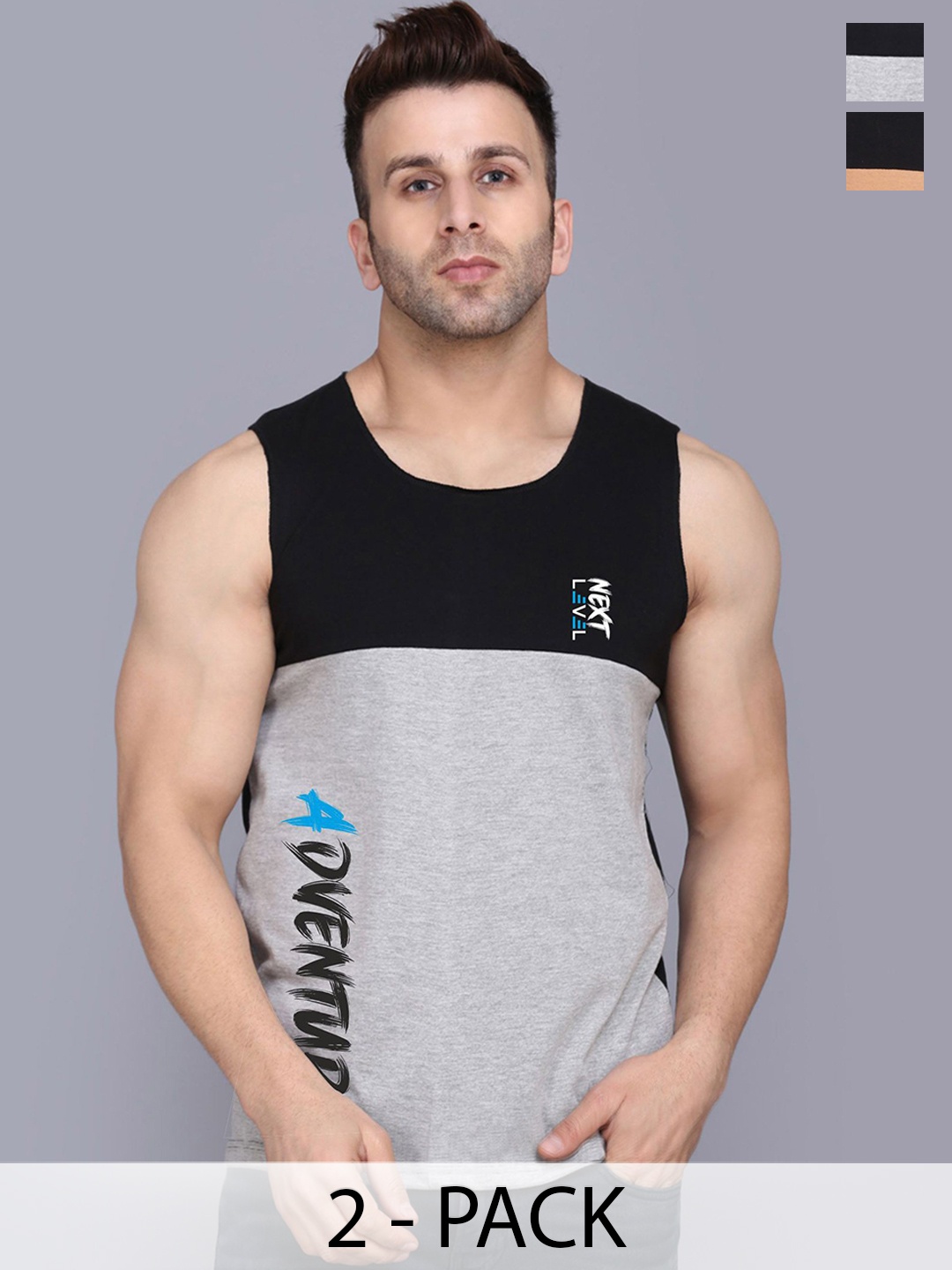 

SLOWLORIS Men Pack Of 2 Printed Cotton Gym Innerwear Vests, Black