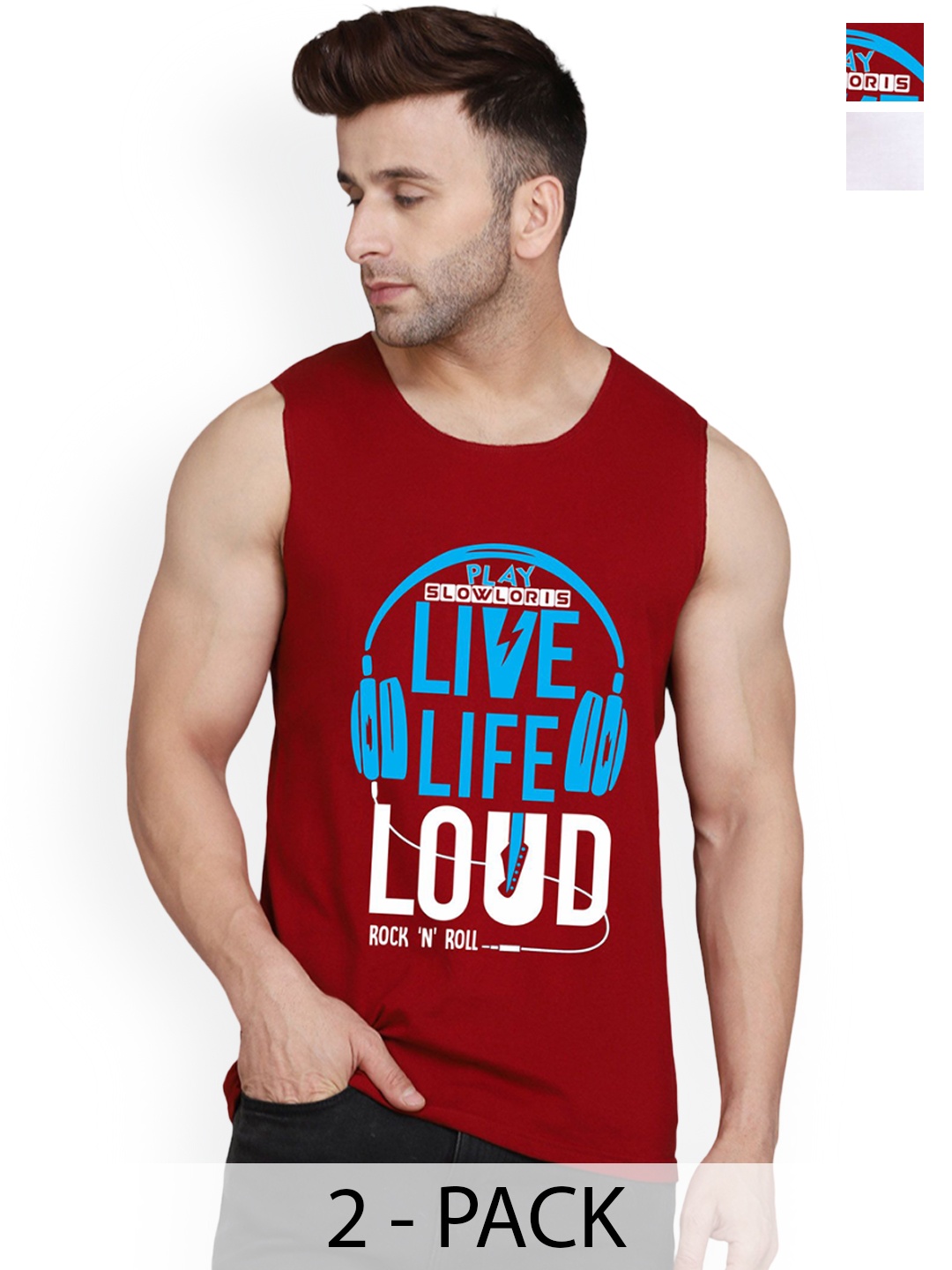 

SLOWLORIS Men Pack Of 2 Printed Cotton Gym Innerwear Vests, Maroon