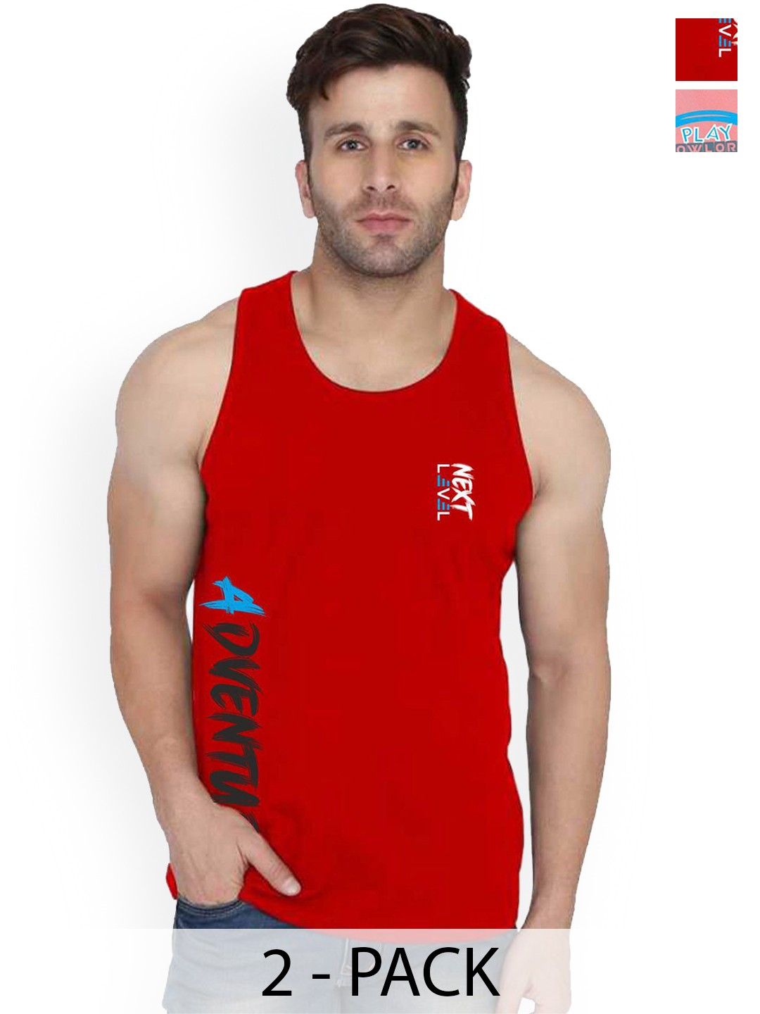 

SLOWLORIS Men Pack Of 2 Printed Sleeveless Gym Innerwear Vests, Peach