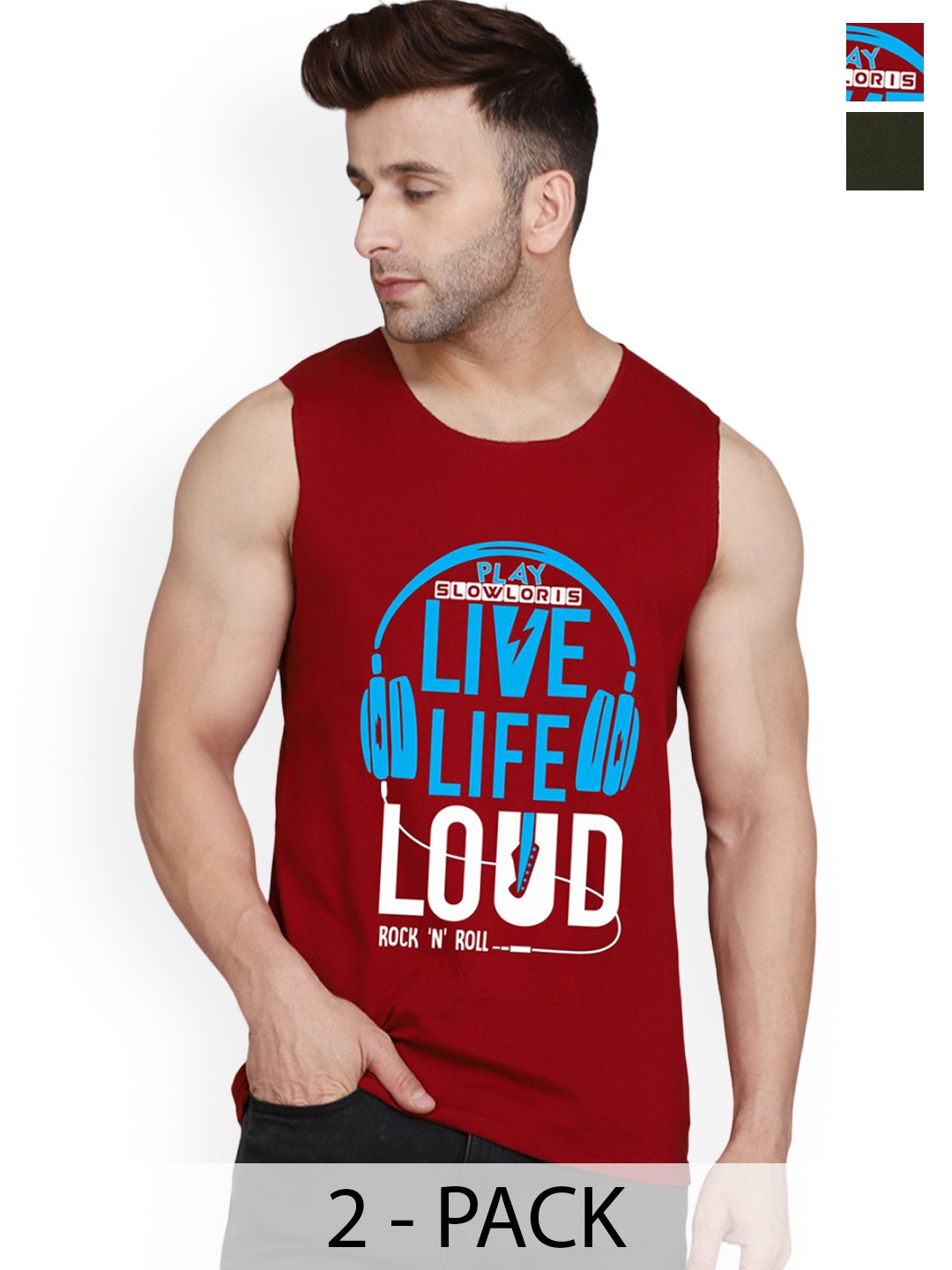 

SLOWLORIS Men Pack Of 2 Printed Cotton Gym Innerwear Vests, Maroon