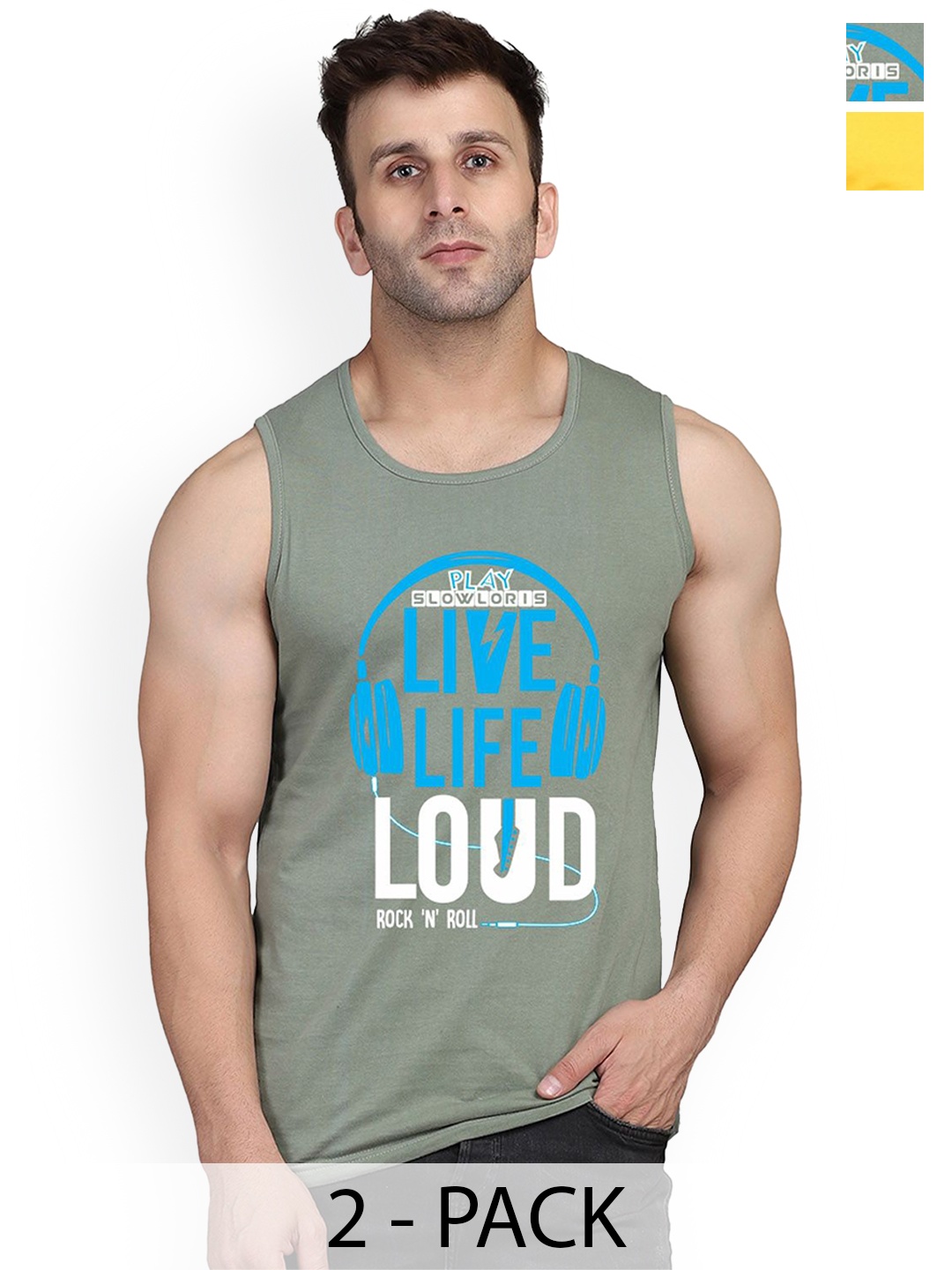 

SLOWLORIS Pack Of 2 Printed Combed Cotton Gym Vests, Green